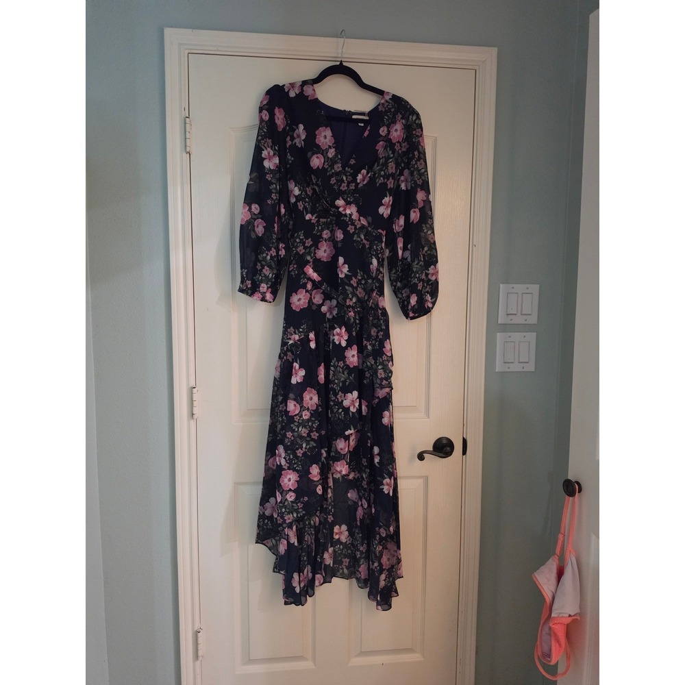 Ee:some‎ Navy Blue Pink Floral Maxi Dress V-Neck High-Low Ruffle DK9370 Small